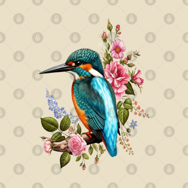 Common Kingfisher with Romantic Vintage Florals by BirdsnStuff