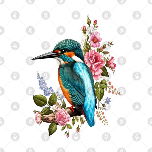 Common Kingfisher with Romantic Vintage Florals by BirdsnStuff