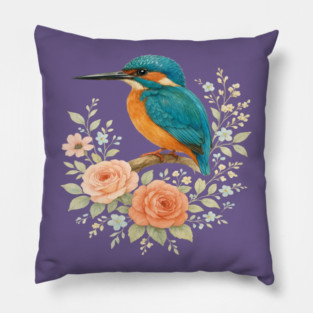 Common Kingfisher with Romantic Cottagecore Roses Pillow