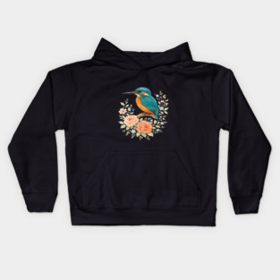 Common Kingfisher with Romantic Cottagecore Roses Kids Hoodie