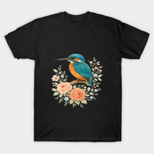 Common Kingfisher with Romantic Cottagecore Roses T-Shirt