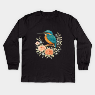 Common Kingfisher with Romantic Cottagecore Roses Kids Long Sleeve T-Shirt