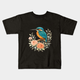 Common Kingfisher with Romantic Cottagecore Roses Kids T-Shirt