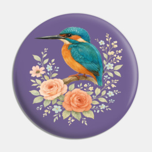 Common Kingfisher with Romantic Cottagecore Roses Pin