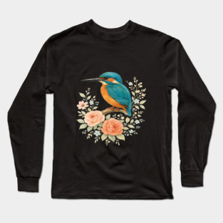 Common Kingfisher with Romantic Cottagecore Roses Long Sleeve T-Shirt
