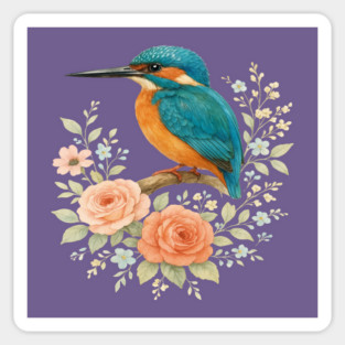 Common Kingfisher with Romantic Cottagecore Roses Sticker