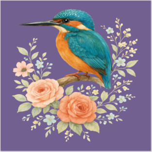 Common Kingfisher with Romantic Cottagecore Roses Posters and Art