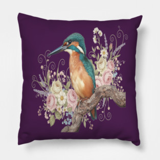 Common Kingfisher with Vintage Romantic Florals Pillow