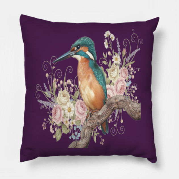 Common Kingfisher with Vintage Romantic Florals Pillow by BirdsnStuff
