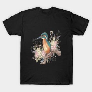 Common Kingfisher with Vintage Romantic Florals T-Shirt