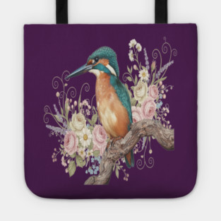 Common Kingfisher with Vintage Romantic Florals Tote