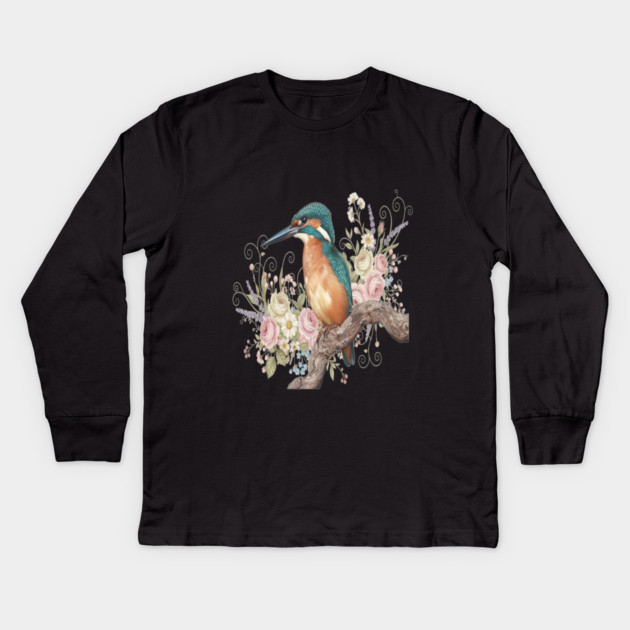 Common Kingfisher with Vintage Romantic Florals Kids Long Sleeve T-Shirt by BirdsnStuff
