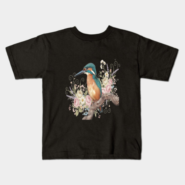 Common Kingfisher with Vintage Romantic Florals Kids T-Shirt by BirdsnStuff