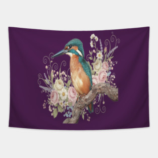 Common Kingfisher with Vintage Romantic Florals Tapestry