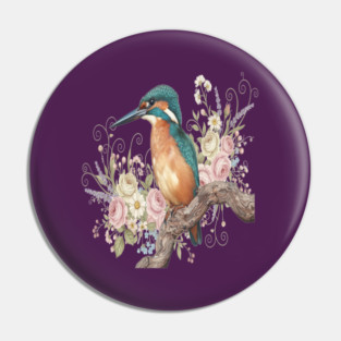 Common Kingfisher with Vintage Romantic Florals Pin