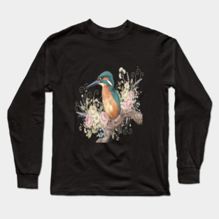 Common Kingfisher with Vintage Romantic Florals Long Sleeve T-Shirt