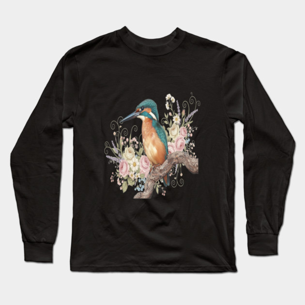Common Kingfisher with Vintage Romantic Florals Long Sleeve T-Shirt by BirdsnStuff