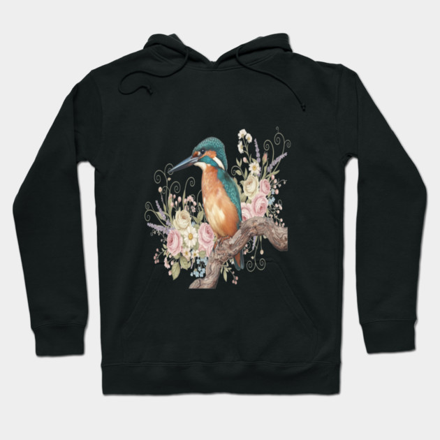 Common Kingfisher with Vintage Romantic Florals Hoodie by BirdsnStuff