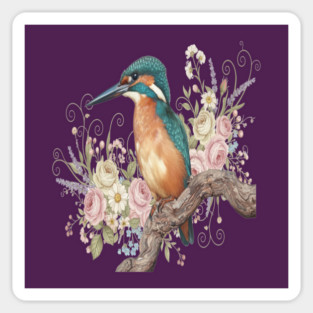 Common Kingfisher with Vintage Romantic Florals Sticker