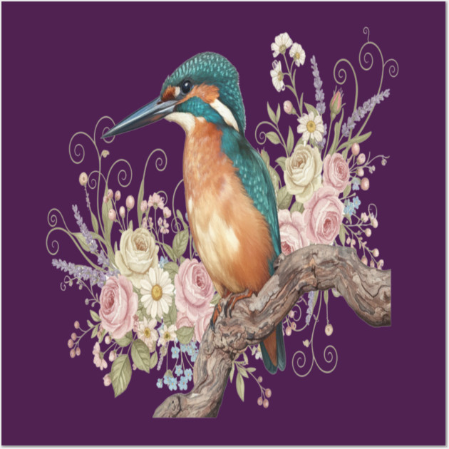Common Kingfisher with Vintage Romantic Florals Wall Art by BirdsnStuff