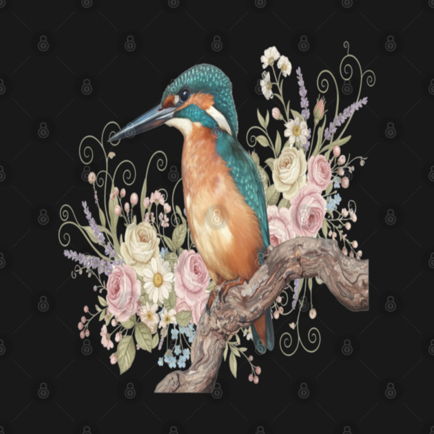 Common Kingfisher with Vintage Romantic Florals by BirdsnStuff
