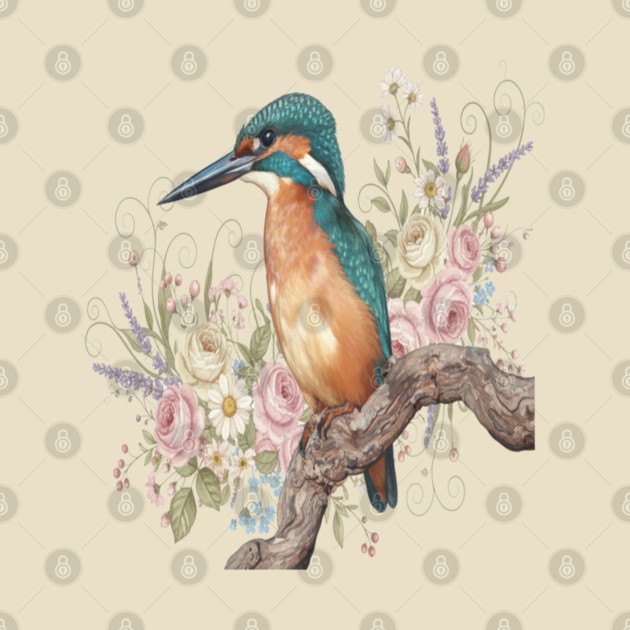 Common Kingfisher with Vintage Romantic Florals by BirdsnStuff