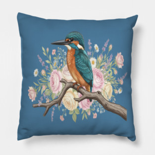 Common Kingfisher with Vintage Romantic Florals Pillow