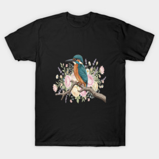 Common Kingfisher with Vintage Romantic Florals T-Shirt