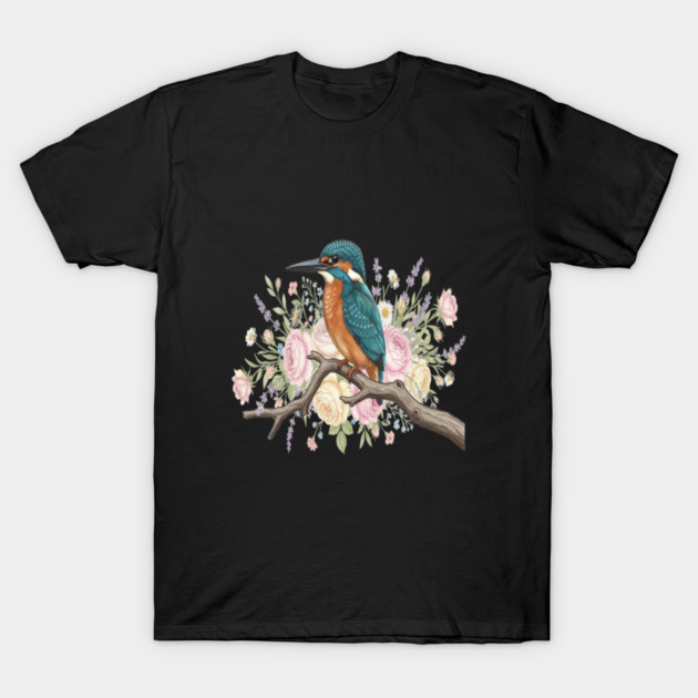 Common Kingfisher with Vintage Romantic Florals T-Shirt by BirdsnStuff