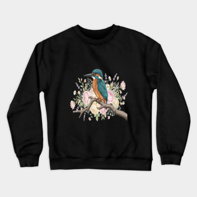 Common Kingfisher with Vintage Romantic Florals Crewneck Sweatshirt by BirdsnStuff
