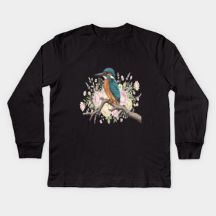 Common Kingfisher with Vintage Romantic Florals Kids Long Sleeve T-Shirt