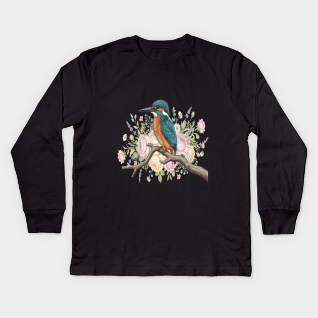 Common Kingfisher with Vintage Romantic Florals Kids Long Sleeve T-Shirt by BirdsnStuff