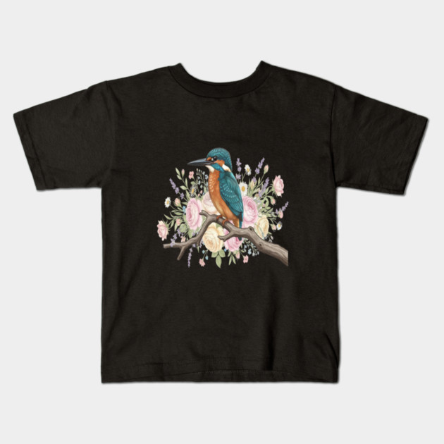 Common Kingfisher with Vintage Romantic Florals Kids T-Shirt by BirdsnStuff