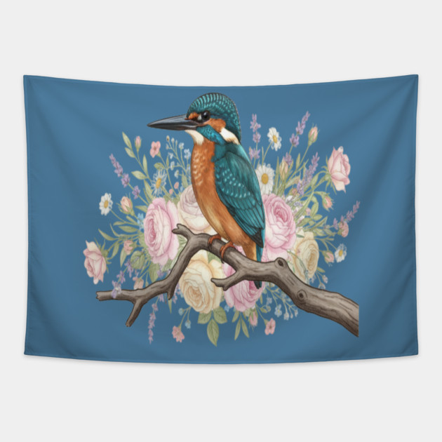 Common Kingfisher with Vintage Romantic Florals Tapestry by BirdsnStuff