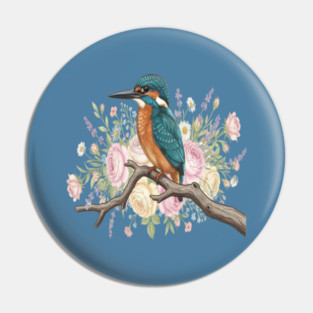 Common Kingfisher with Vintage Romantic Florals Pin
