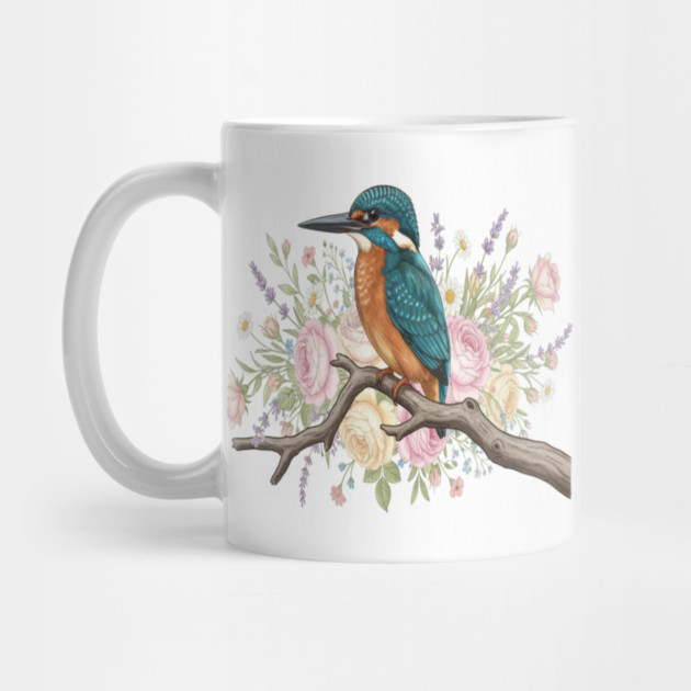 Common Kingfisher with Vintage Romantic Florals by BirdsnStuff