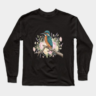 Common Kingfisher with Vintage Romantic Florals Long Sleeve T-Shirt