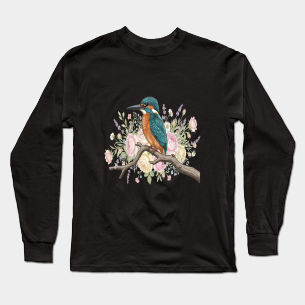 Common Kingfisher with Vintage Romantic Florals Long Sleeve T-Shirt by BirdsnStuff