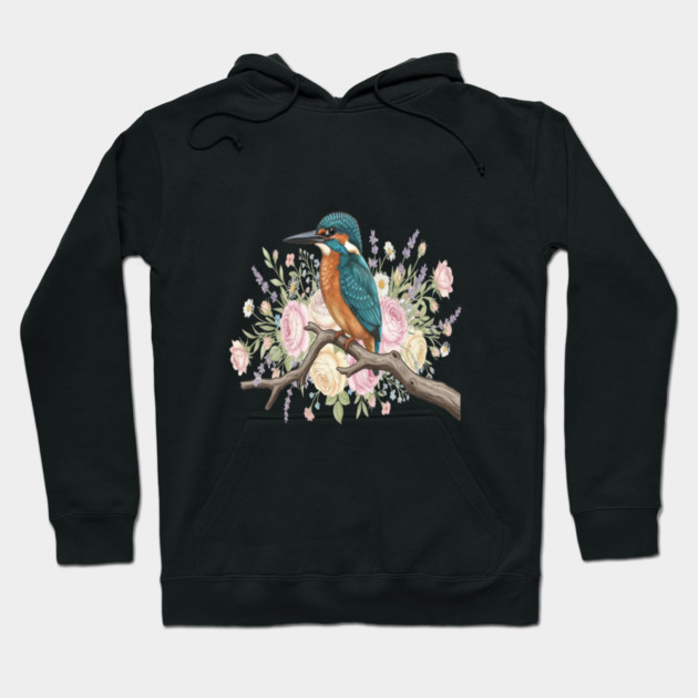 Common Kingfisher with Vintage Romantic Florals Hoodie by BirdsnStuff