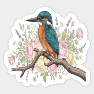 Common Kingfisher with Vintage Romantic Florals Sticker