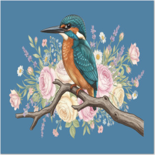 Common Kingfisher with Vintage Romantic Florals Posters and Art