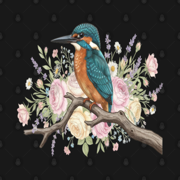Common Kingfisher with Vintage Romantic Florals by BirdsnStuff