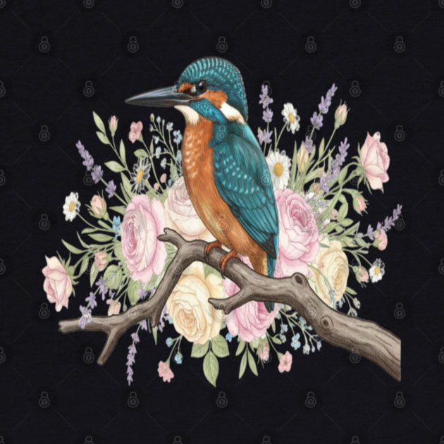 Common Kingfisher with Vintage Romantic Florals by BirdsnStuff