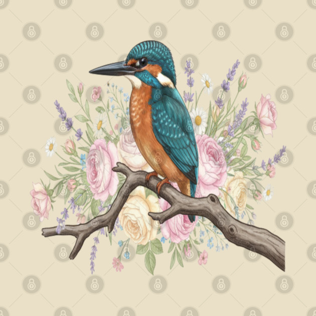 Common Kingfisher with Vintage Romantic Florals by BirdsnStuff