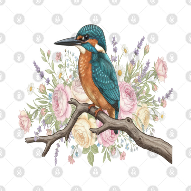 Common Kingfisher with Vintage Romantic Florals by BirdsnStuff
