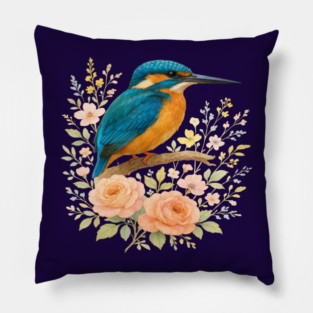 Common Kingfisher with Blossoms in Elegant Botanical Style Pillow