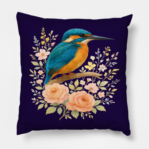 Common Kingfisher with Blossoms in Elegant Botanical Style Pillow by BirdsnStuff