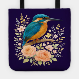 Common Kingfisher with Blossoms in Elegant Botanical Style Tote