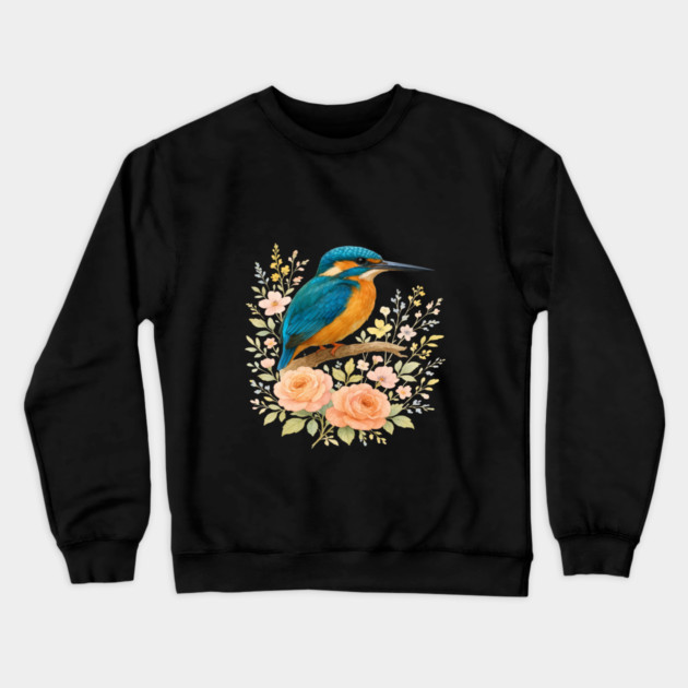 Common Kingfisher with Blossoms in Elegant Botanical Style Crewneck Sweatshirt by BirdsnStuff