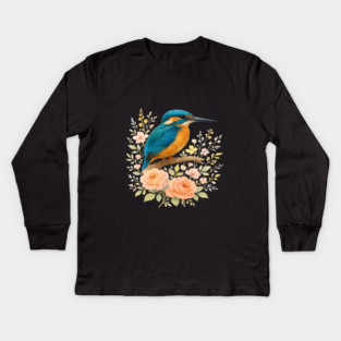Common Kingfisher with Blossoms in Elegant Botanical Style Kids Long Sleeve T-Shirt